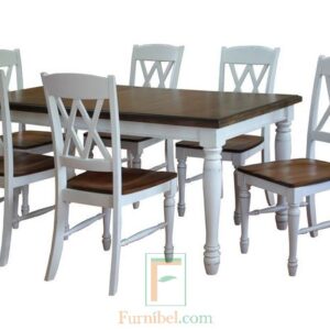 Set Meja Makan Minimalis Kaki Bubutan Kombinasi Putih Coklat