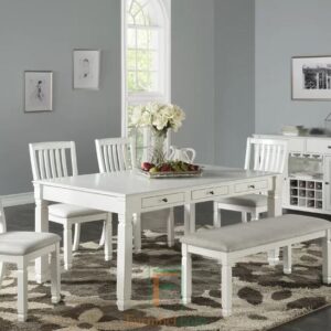 Set Meja Makan Minimalis Putih 3 Laci Kursi Bangku