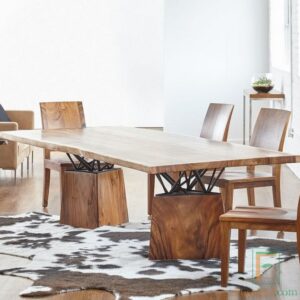 Set Meja Makan Kaki Modern Segitiga Besi Kayu Solid