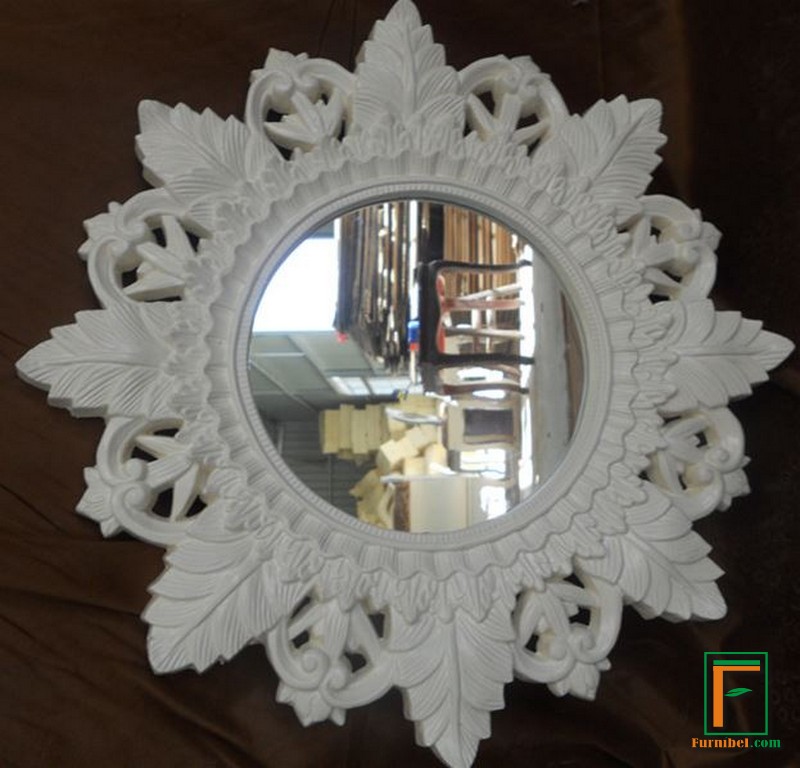 Frame Cermin Ukir Bunga & Daun Duco Putih