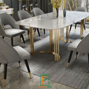 Kaki Meja Makan Stainless Emas Lengkung 3 Garis Berdiri