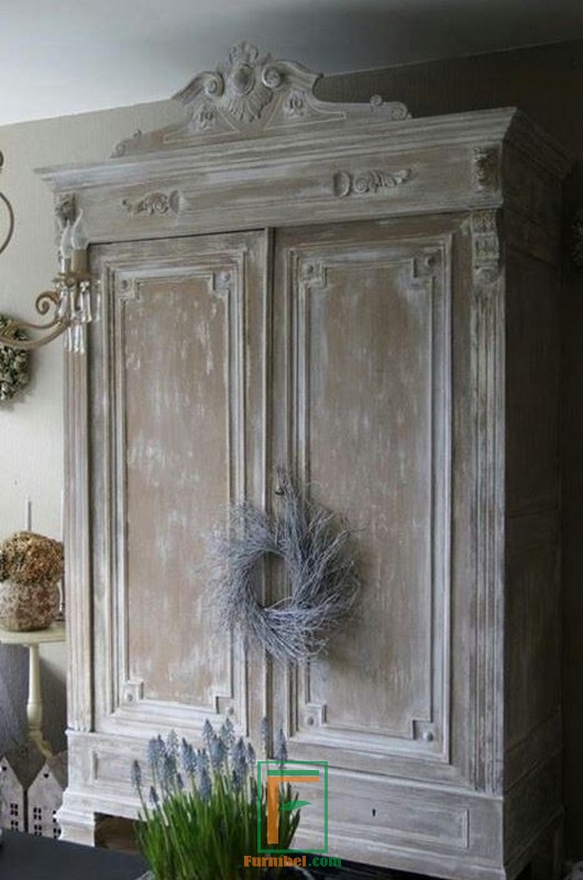 Jual Lemari  Pakaian  Abad 19 Rustic Putih Grey 2  Pintu  Ukir