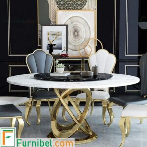 Set Meja Makan Marmer Hitam Bundar Stainless Gold Mirror