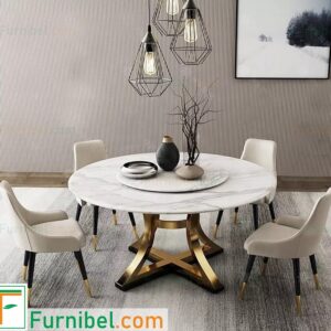 Set Meja Makan Marmer Bundar White Carrara Laker Tengah Putar