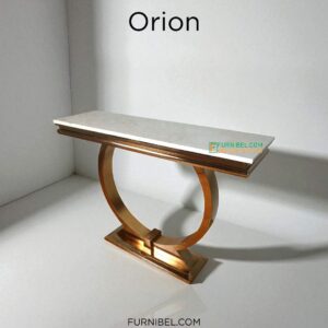 Meja Konsul Stainless Lingkaran Cincin Rose Gold Top Marmer Cream