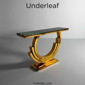 Meja Konsul Mewah Mengkilap Emas Lengkung Top Marmer Hitam